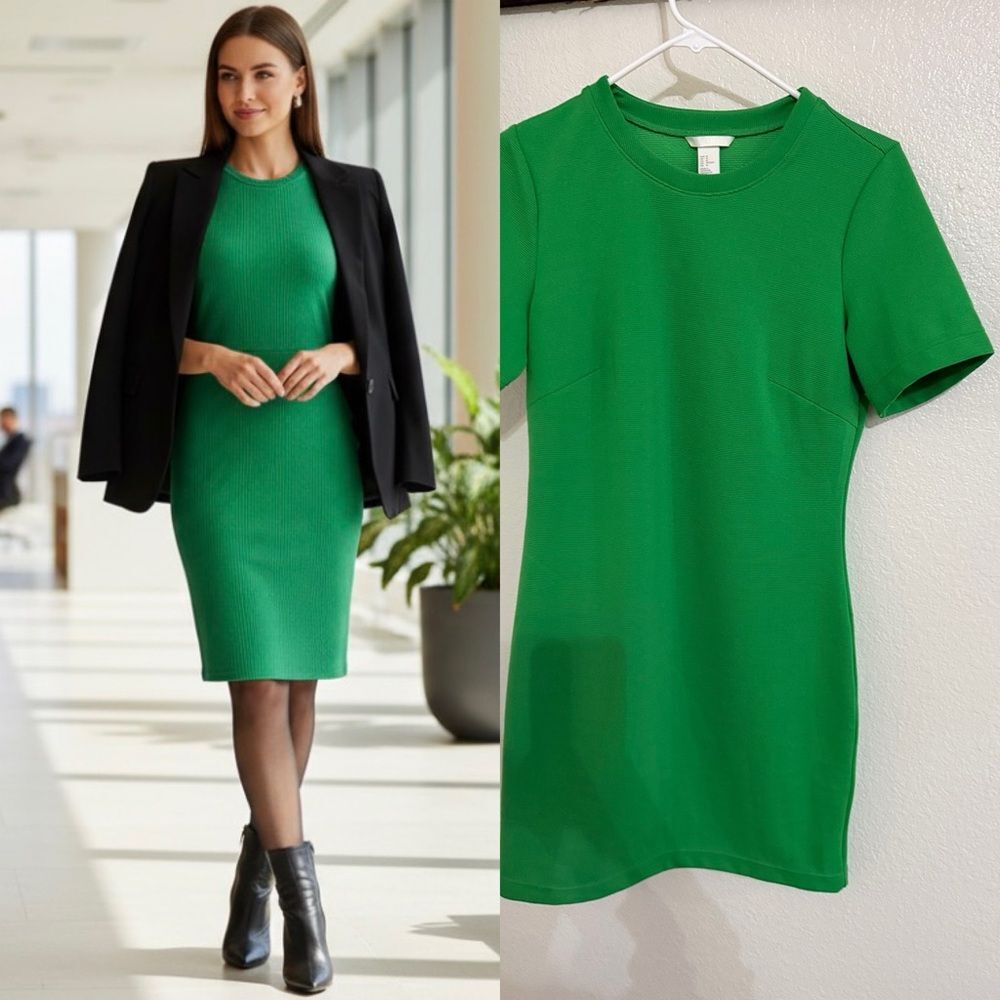 H&M Y2K Green Ribbed Bodycon Dress Size M Short Sleeve NWT Trendy 2000s